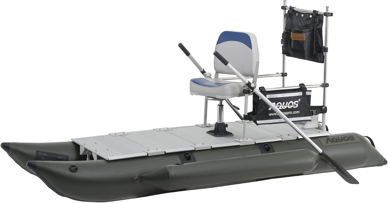 AQUOS Backpack Series 10.2ft Inflatable Pontoon Boat with Stainless Steel Guard Bar and Folding Seat for One Person Fishing, Aluminum Floor Board, Transport Canada Approved