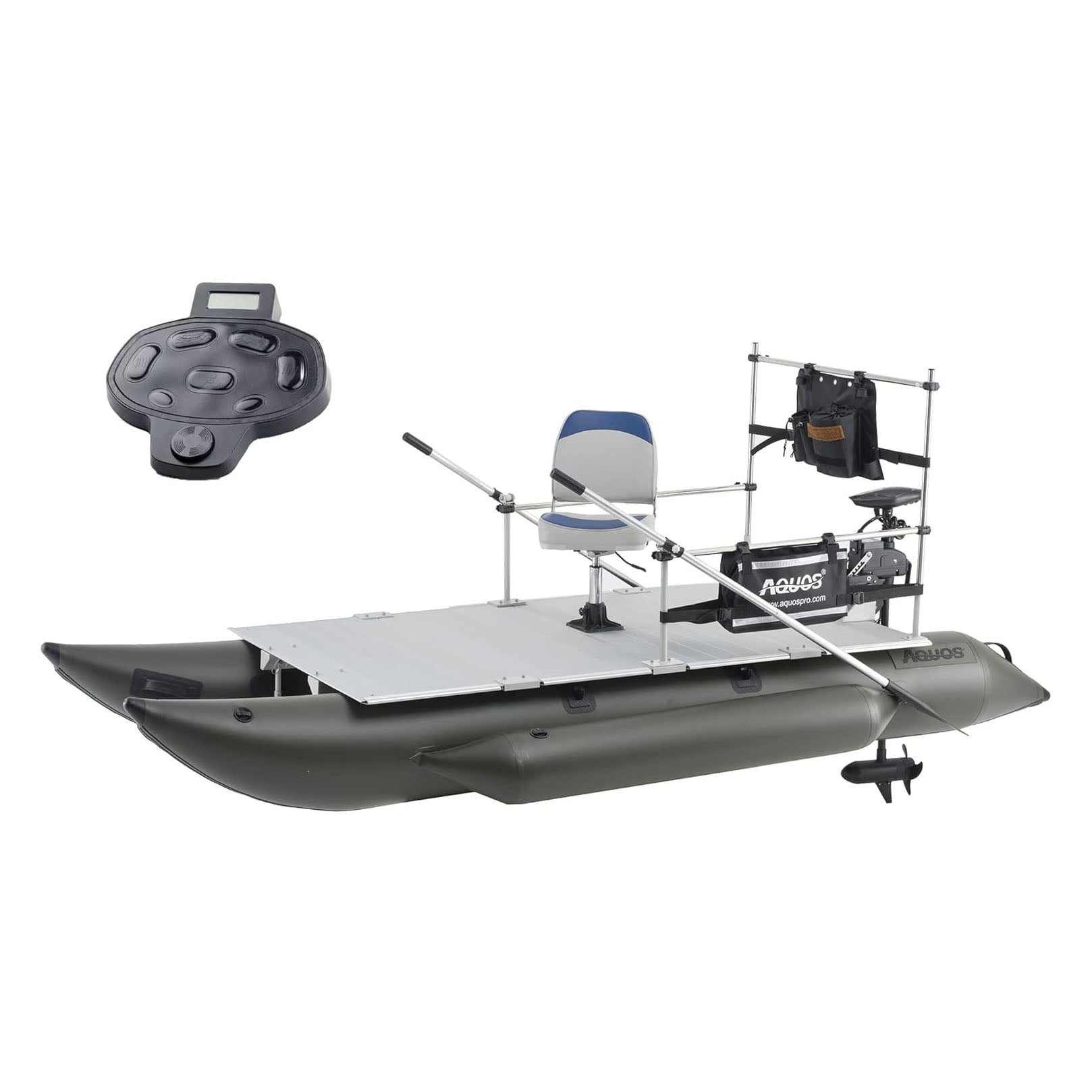 AQUOS Backpack Series 10.2ft Inflatable Pontoon Boat with Guard Bar, Folding Seat and Haswing Remote 55LBS Trolling Motor with 2.4G Wireless Foot Control for Fishing, Aluminum Floor Board