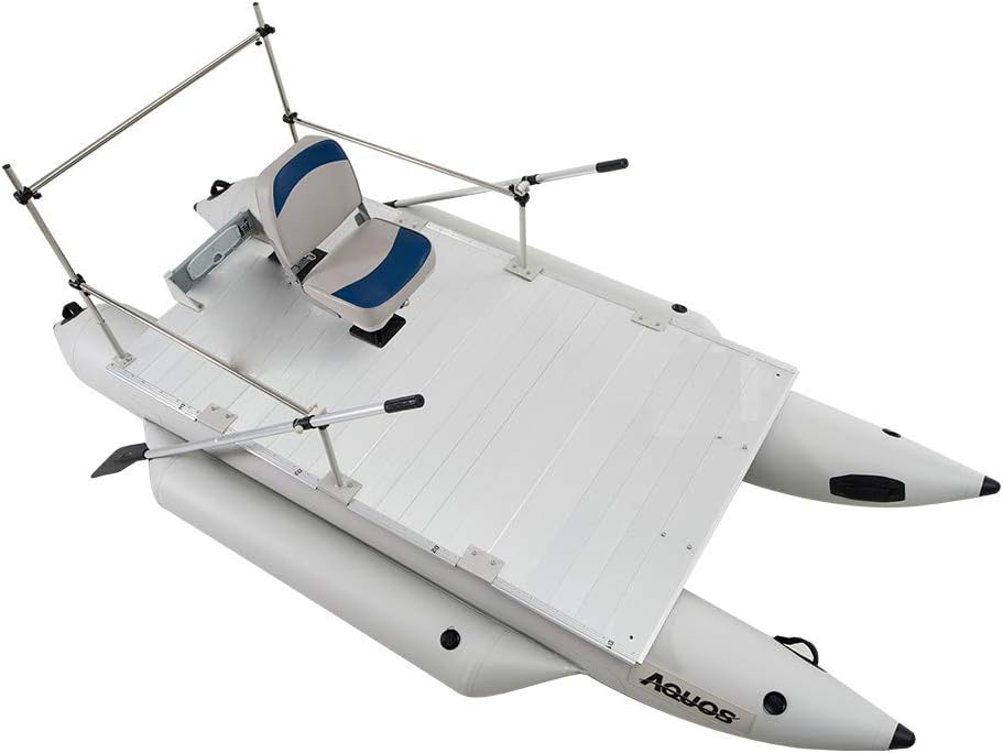 Aquos Heavy-Duty Thermobonding 0.9mm Thickness PVC 12.5ft Inflatable Pontoon Boat with Guard Bar and Folding Seat for Bass Fishing, Lure Fishing, Aluminum Floor Board