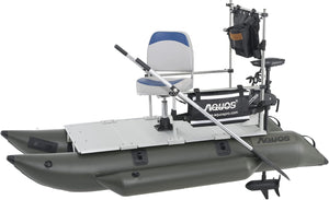 AQUOS Backpack Series 8.8ft Inflatable Pontoon Boat with Guard Bar, Folding Seat and Haswing 2.4 G Remote Control 12V 55lbs 39" Transom Trolling Motor for One Person Fishing