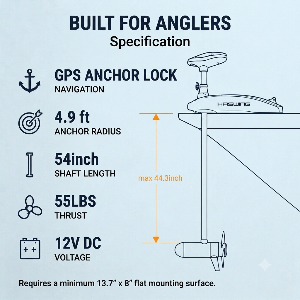 Haswing GPS 12V 55LBS 54in Bow Mount Trolling Motor - Wireless Remote, Foot Control, Quick Release Bracket