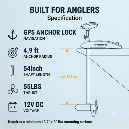 Haswing GPS 12V 55LBS 54in Bow Mount Trolling Motor - Wireless Remote, Foot Control, Quick Release Bracket